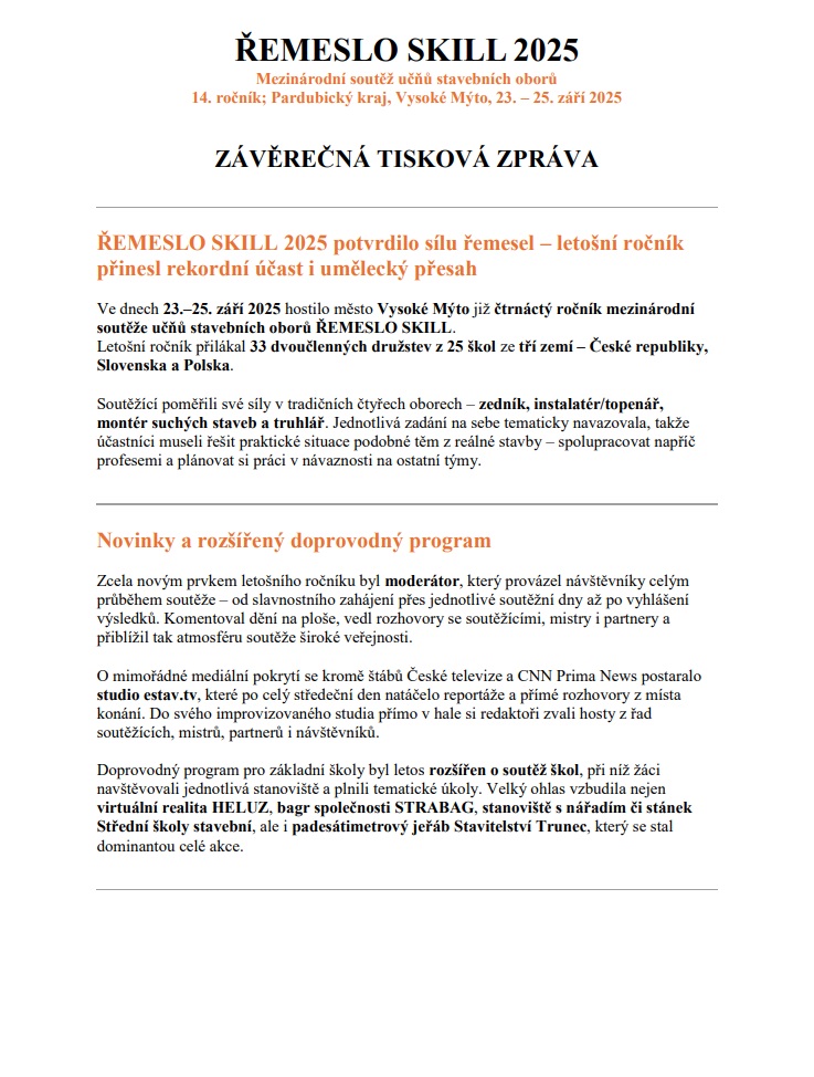 Závěrečná Tisková zpráva ŘEMESLO SKILL 2025