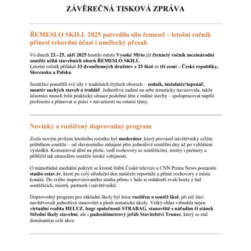Závěrečná Tisková zpráva ŘEMESLO SKILL 2025